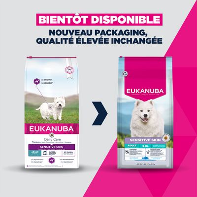 Sac de croquettes Eukanuba Daily Care Sensitive Skin pour chien adulte, toutes races, toutes tailles, 12 kg. Mention hypoallergénique visible en plusieurs langues.