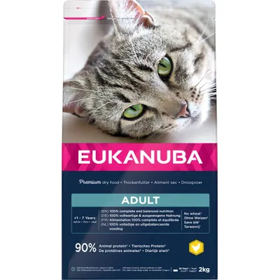EUKANUBA Adult kattenvoer, 100% volledige en uitgebalanceerde voeding, geen tarwe, 90% dierlijk eiwit, geschikt voor katten van 1–7 jaar, verpakking 2 kg zichtbaar.