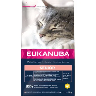 Eukanuba Senior kattenvoer, premium droogvoer, 89% dierlijk eiwit, zonder tarwe, ondersteunt essentiële functies en vitaliteit bij oudere katten, verpakking van 2 kg.