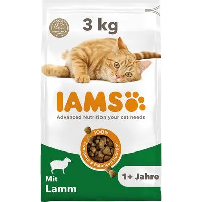 IAMS kattenvoer 3 kg, Mit Lamm, 1+ Jahre, Advanced Nutrition your cat needs, 100% Complete & Balanced Nutrition. Afbeelding van een oranje kat op de verpakking. IAMS kattenvoer 3 kg, Mit Lamm, 1+ Jahre, Advanced Nutrition your cat needs, 100% Complete & Balanced Nutrition. Afbeelding van een oranje kat op de verpakking.