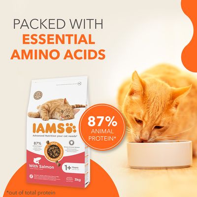 Product highlights essential amino acids and 87% animal protein content, with packaging showing food for adult pets with salmon. Image includes a pet eating from a bowl.