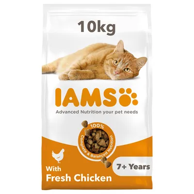 Συσκευασία IAMS 10kg, με εικόνα πορτοκαλί γάτας. Κείμενο: With Fresh Chicken, 7+ Years, 100% Complete & Balanced Nutrition, Advanced Nutrition your pet needs. Συσκευασία IAMS 10kg, με εικόνα πορτοκαλί γάτας. Κείμενο: With Fresh Chicken, 7+ Years, 100% Complete & Balanced Nutrition, Advanced Nutrition your pet needs.