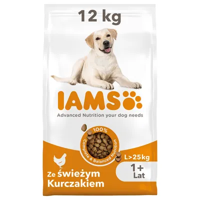 Karma IAMS 12 kg ze świeżym kurczakiem, dla psów L >25 kg, 1+ lat. Widoczne: zdjęcie psa, napis '100% Complete & Balanced Nutrition', tekst po angielsku i polsku na opakowaniu.