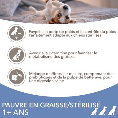 Pauvre en graisse/stérilisé 1+ ans. Favorise la perte de poids, contrôle du poids, L-carnitine pour le métabolisme des graisses, fibres avec prébiotiques et pulpe de betterave.