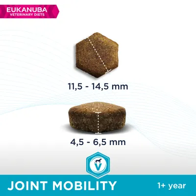 Eukanuba Veterinary Diets Joint Mobility táp szemcseméret: átmérő 11,5–14,5 mm, magasság 4,5–6,5 mm. Felirat: Joint Mobility 1+ year.