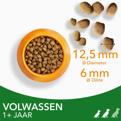 Droogvoerbrokken in oranje bak, brokgrootte: diameter 12,5 mm, dikte 6 mm. Tekst: VOLWASSEN 1+ JAAR.
