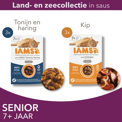IAMS Land- en zeecollectie in saus, senior 7+ jaar: 3x tonijn en haring, 3x kip. 99% dierlijk eiwit, compleet & uitgebalanceerd, gezonde hartfunctie. Verpakking met kattenafbeelding.