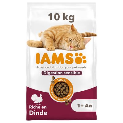 Sac de croquettes pour chat IAMS 10 kg, Digestion sensible, riche en dinde, 1+ an, texte en anglais : Advanced Nutrition your pet needs, 100 % Complete & Balanced Nutrition.