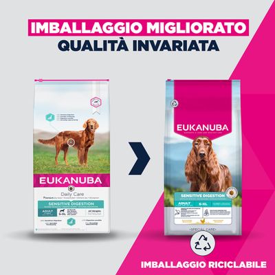 Eukanuba Daily Care Sensitive Digestion cibo secco per cani. Adatto a tutte le razze e pesi, da 1 anno. Confezione: 2,3 kg.
