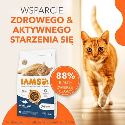 Karma IAMS With Tuna dla kotów 7+ lat, 3 kg. 88% białka zwierzęcego. Wsparcie zdrowego i aktywnego starzenia się. Na opakowaniu pomarańczowy kot i widoczny składnik: tuńczyk.