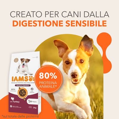 IAMS Sensitive Digestion per cani, 80% proteina animale, con tacchino, 1+ anni, confezione da 2 kg. Testo: creato per cani dalla digestione sensibile, 80% proteina animale.