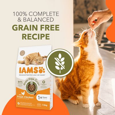 IAMS Grain Free Recipe krmivo pre mačky, 7,5 kg, s čerstvým kuracím mäsom. Text: 100% Complete & Balanced, Grain Free Recipe, 84 % živočíšnych bielkovín, 1+ Years. Symbol bez obilnín.