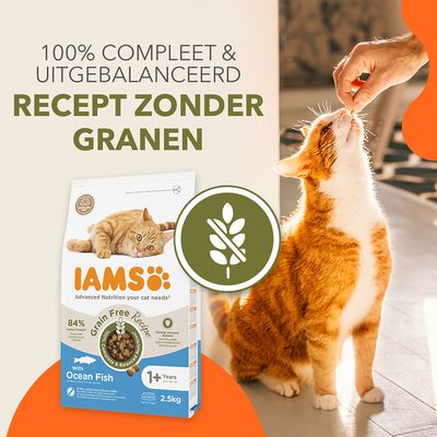 IAMS kattenvoer, graanvrij recept met zeevis, 84% dierlijk eiwit, sterk immuunsysteem, voor katten vanaf 1 jaar, 2,5kg. Recyclebare verpakking.