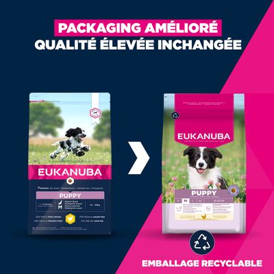 Eukanuba Premium Nutrition Puppy Medium Breed poulet 3 ou 15 kg + 100 g Adult offerts !