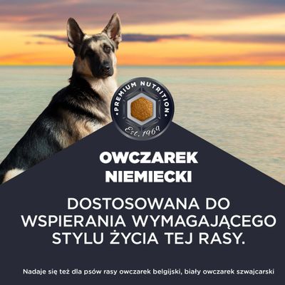 Premiumowa karma od 1969 roku. Dla owczarków niemieckich, dostosowana do wymagającego stylu życia tej rasy. Odpowiednia także dla owczarków belgijskich i białych owczarków szwajcarskich.