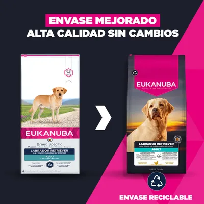 Comparación entre el envase antiguo y el nuevo de Eukanuba Labrador Retriever Adult. Texto: Envase mejorado, calidad superior sin cambios, envase reciclable.