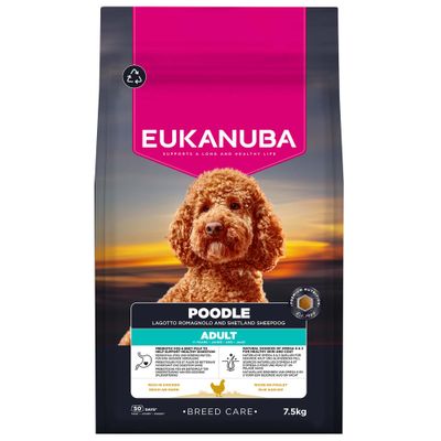 Eukanuba Poodle Adult, Lagotto Romagnolo a Shetland Sheepdog, bohaté na kuracie, 7,5 kg. Podporuje zdravé trávenie a pokožku. Pre dospelých psov od 1 roka.