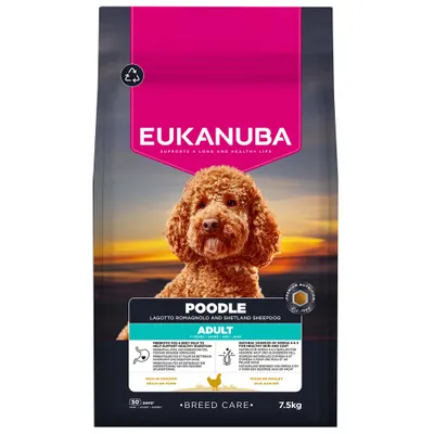 Eukanuba Poodle Adult, Lagotto Romagnolo a Shetland Sheepdog, bohaté na kuracie, 7,5 kg. Podporuje zdravé trávenie a pokožku. Pre dospelých psov od 1 roka.