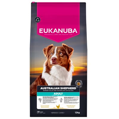 Eukanuba Australian Shepherd Adult, gazdag csirkehúsban, 12 kg. Border Collie és Australian Cattle Dog számára. Fajtaspecifikus gondoskodás. Természetes Omega-3 & 6 források.