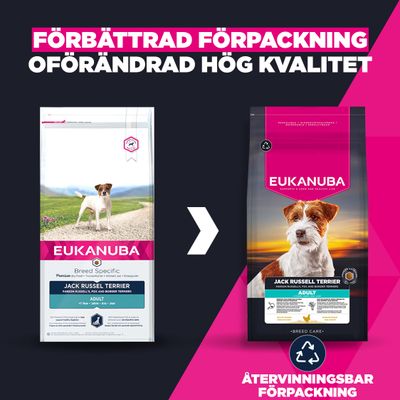 Eukanuba Jack Russell Terrier Adult. Förbättrad förpackning, samma höga kvalitet, återvinningsbar förpackning.