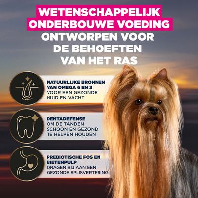 Wetenschappelijk ontwikkeld voer, natuurlijke omega-bronnen voor huid en vacht, Dentadefense voor gezonde tanden, prebiotische FOS en bietenpulp voor de spijsvertering.
