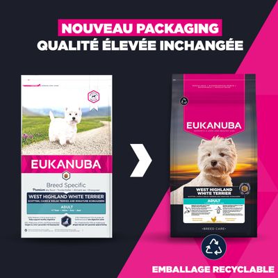 Eukanuba West Highland White Terrier Adulte. Nouveau design d'emballage, qualité toujours aussi élevée, emballage recyclable.