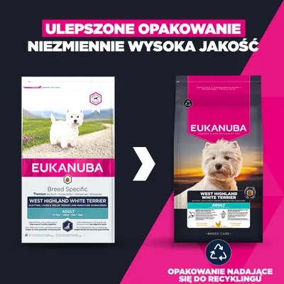 Eukanuba West Highland White Terrier Adult. Zdjęcie przedstawia stare i nowe opakowanie z informacją: Opakowanie nadaje się do recyklingu.