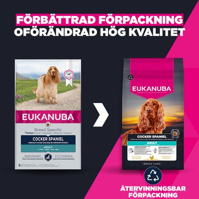 Eukanuba Cocker Spaniel Adult torrfoder: Bilden visar den gamla och nya påsen. Text: Förbättrad förpackning, oförändrat hög kvalitet, återvinningsbar förpackning.