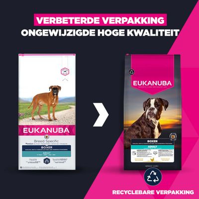 Eukanuba Boxer Adult: Vergelijking oude en nieuwe verpakking, verbeterde recyclebare verpakking, ongewijzigd hoge kwaliteit.