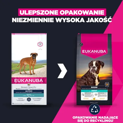 Eukanuba Boxer Adult Karma dla psów: nowy, ulepszony design opakowania, niezmiennie wysoka jakość. Opakowanie nadaje się do recyklingu.