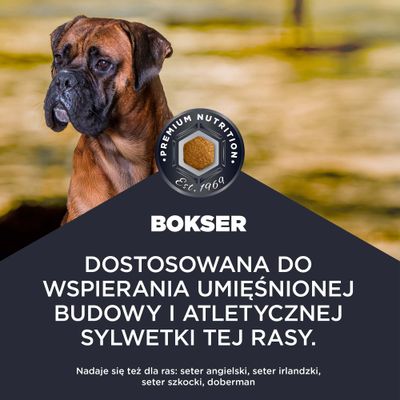 Premium Nutrition. Dostosowana do wspomagania umięśnionej budowy ciała i atletycznej sylwetki tej rasy. Odpowiednia także dla setera angielskiego, irlandzkiego, szkockiego oraz dobermana.