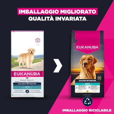 Eukanuba Golden Retriever Adult: nuovo design della confezione riciclabile, stessa qualità. Confronto tra il vecchio e il nuovo design con indicazione della confezione migliorata.