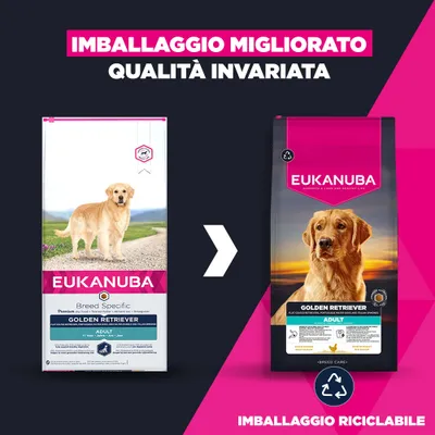 Eukanuba Golden Retriever Adult: nuovo design della confezione riciclabile, stessa qualità. Confronto tra il vecchio e il nuovo design con indicazione della confezione migliorata.