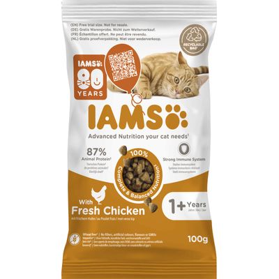 IAMS 80 vuotta, 87 % eläinproteiinia, tuoretta kanaa, vahva immuunijärjestelmä, vehnätön, ei keinotekoisia lisäaineita, kissoille alkaen 1 vuoden iästä, 100 g kokeilukoko, kierrätettävä pakkaus.