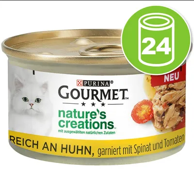 Консерва Purina Gourmet nature's creations, текст на немски: REICH AN HUHN, garniert mit Spinat und Tomaten. Зелен символ с бяла консерва и числото 24.