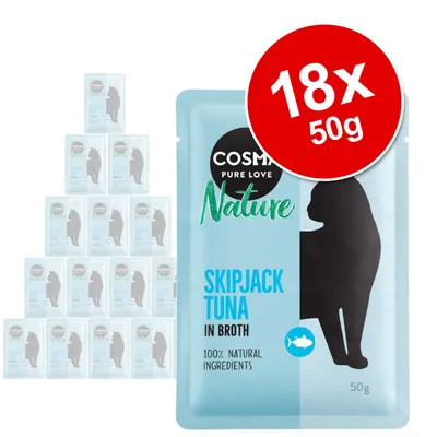Cosma Nature Skipjack Tuna in Broth, 18 x 50g pouches, 100% natural ingredients visible on packaging Cosma Nature Skipjack Tuna in Broth, 18 x 50g pouches, 100% natural ingredients visible on packaging