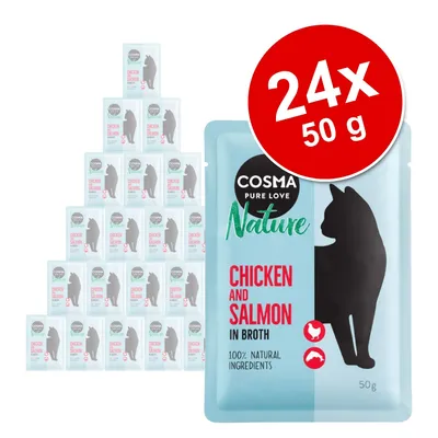 Συσκευασία Cosma Nature Chicken and Salmon in Broth, 24 φακελάκια x 50g. Εμφανές κείμενο: 100% natural ingredients. Σιλουέτα γάτας στη συσκευασία.