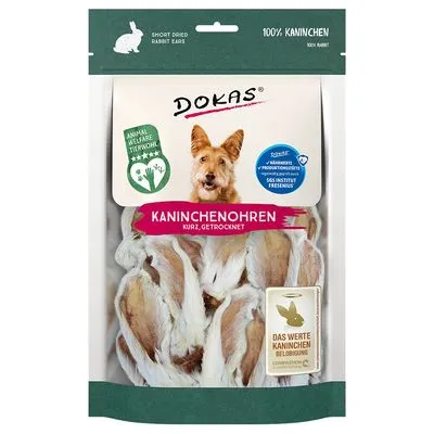 Balenie DOKAS Kaninchenohren, krátke sušené králičie uši. Viditeľné texty: 100% Kaninchen, Animal Welfare Tierwohl, Das Werte Kaninchen, kurz getrocknet.