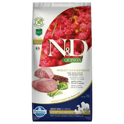 N&D Quinoa Weight Management tørfoder til voksne hunde, lam, quinoa, broccoli og asparges. GMO free, grain free, gluten free. Farmina Pet Foods. 7 kg. Til alle racer.