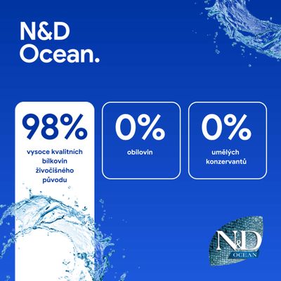 N&D Ocean. 98 % kvalitných živočíšnych bielkovín, 0 % obilnín, 0 % umelých konzervačných látok.