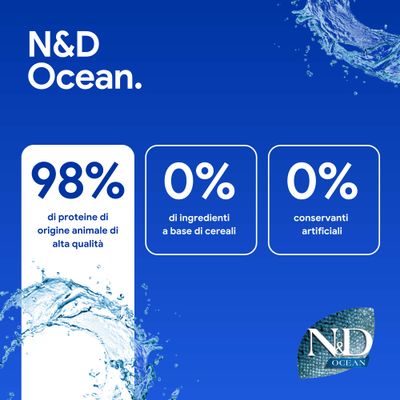 N&D Ocean. 98% proteine animali, 0% ingredienti di cereali, 0% conservanti artificiali.