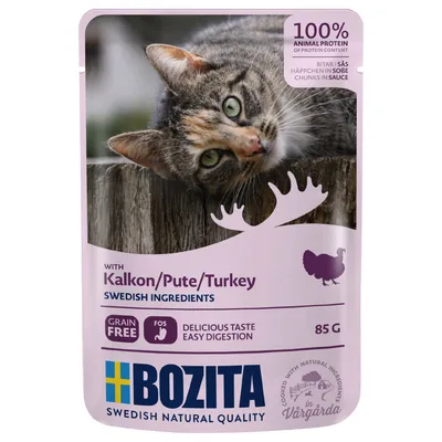 Bozita храна за котки с пуйка, шведски съставки, 100% животински протеин, без зърнени храни, хапки в сос, 85g. Вкусна, лесносмилаема.