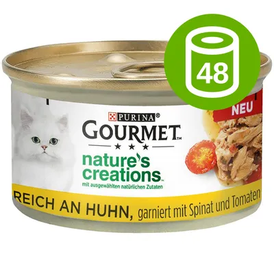 Purina Gourmet nature's creations, puszka z wizerunkiem białego kota. Widoczny napis: REICH AN HUHN, garniert mit Spinat und Tomaten. Zielona ikona 48 sztuk.