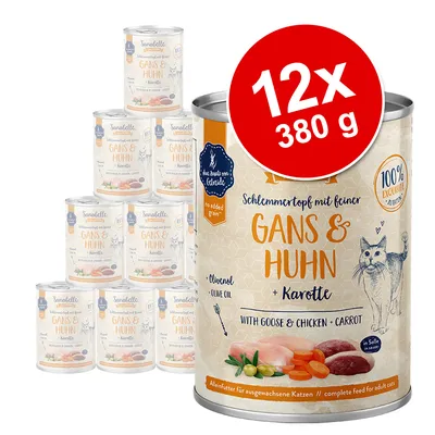 Sanabelle Gans & Huhn + Karotte vådfoder til katte, 12 x 380 g. Tekst: no added grain, 100% exquisite Zutaten, with goose & chicken + carrot, Olivenöl. Billede af dåser og ingredienser. Sanabelle Gans & Huhn + Karotte vådfoder til katte, 12 x 380 g. Tekst: no added grain, 100% exquisite Zutaten, with goose & chicken + carrot, Olivenöl. Billede af dåser og ingredienser.