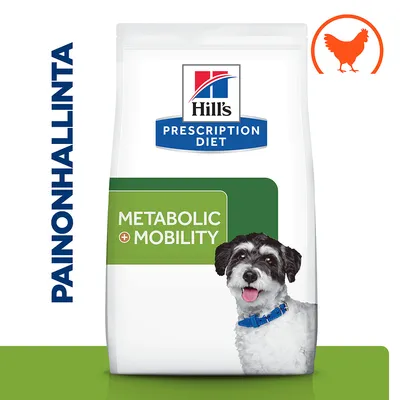 Hill's Prescription Diet Metabolic + Mobility -koiranruokapakkaus, teksti PAINONHALLINTA vasemmalla, oranssi kanan siluetti oikeassa yläkulmassa, koira etupuolella. Hill's Prescription Diet Metabolic + Mobility -koiranruokapakkaus, teksti PAINONHALLINTA vasemmalla, oranssi kanan siluetti oikeassa yläkulmassa, koira etupuolella.