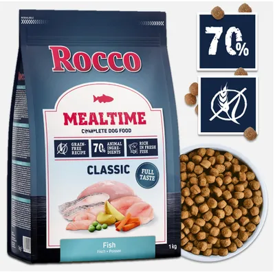 Rocco Mealtime Classic Fish, 1 kg. Widoczne: 70% składników zwierzęcych, bez zbóż, bogata w świeże ryby. Opakowanie oraz miska z karmą. Rocco Mealtime Classic Fish, 1 kg. Widoczne: 70% składników zwierzęcych, bez zbóż, bogata w świeże ryby. Opakowanie oraz miska z karmą.