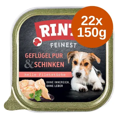 Rinti Finest Geflügelpur & Schinken kutyaeledel, 22×150 g. Felirat: helle Filetstücke, ohne Innereien, ohne Leber. Kép kutyával és húsdarabokkal.