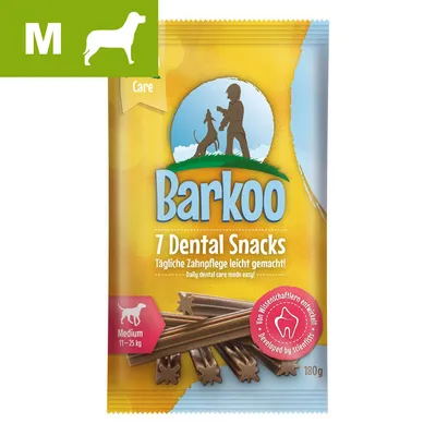 Barkoo 7 Dental Snacks, för mediumhundar 11–25 kg, vikt 180 g. Text: Von Wissenschaftlern entwickelt. Daily dental care made easy! Bild på tuggpinnar och siluett av hund och person. Barkoo 7 Dental Snacks, för mediumhundar 11–25 kg, vikt 180 g. Text: Von Wissenschaftlern entwickelt. Daily dental care made easy! Bild på tuggpinnar och siluett av hund och person.