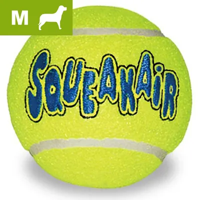 Žlutý míček s nápisem SQUEAKAIR, v levém horním rohu zelené pole s písmenem M a siluetou psa.