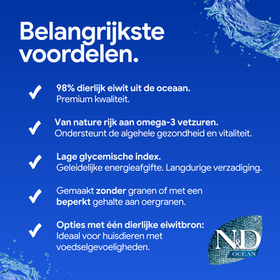 Belangrijkste voordelen: 98% dierlijk eiwit uit de oceaan, rijk aan omega-3-vetzuren, lage glycemische index, zonder of met weinig granen, enkele dierlijke eiwitbron.